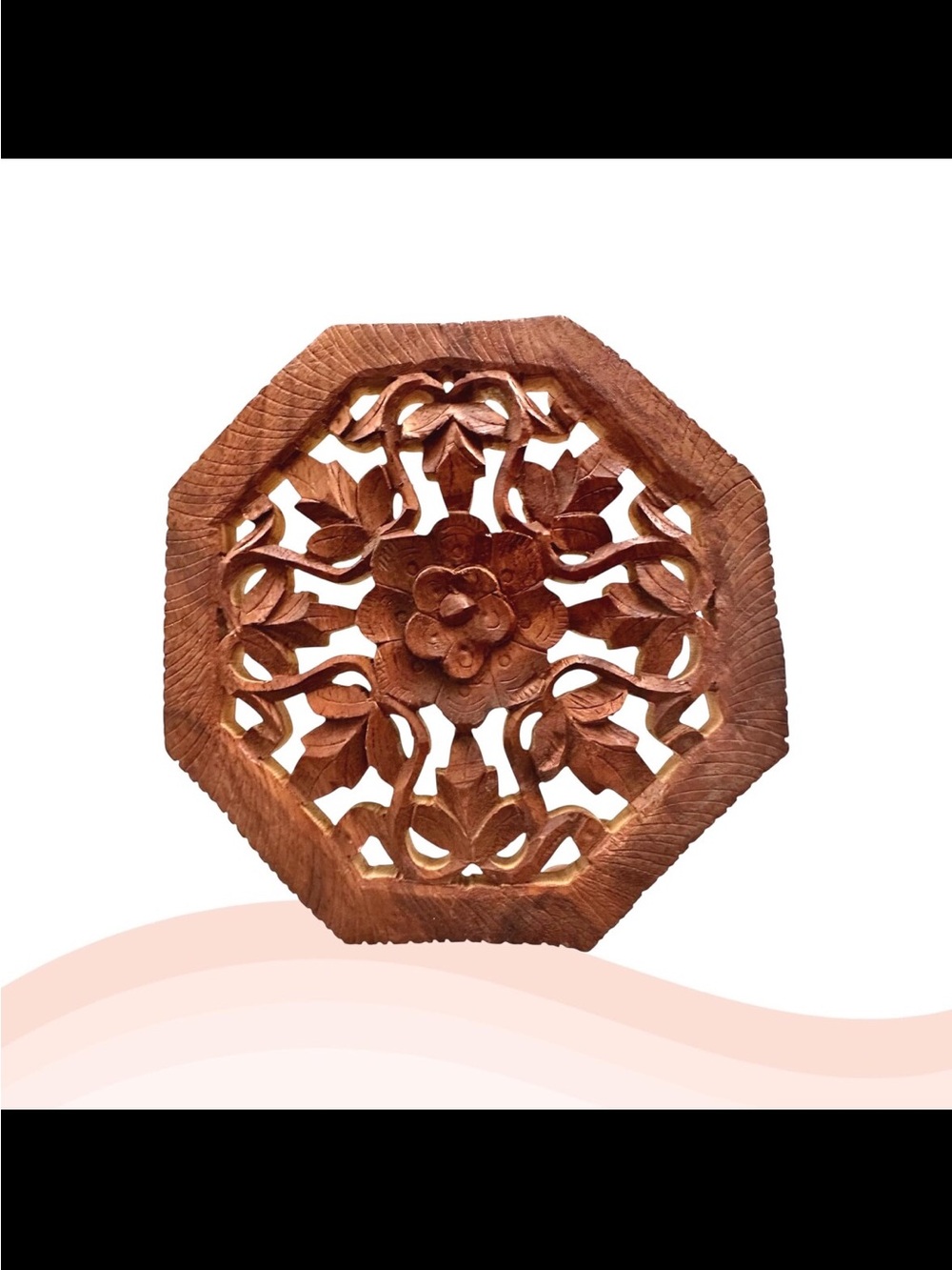 Vintage Carved Octagonal Wooden Trivet/Plant Stand  - Floral Motif